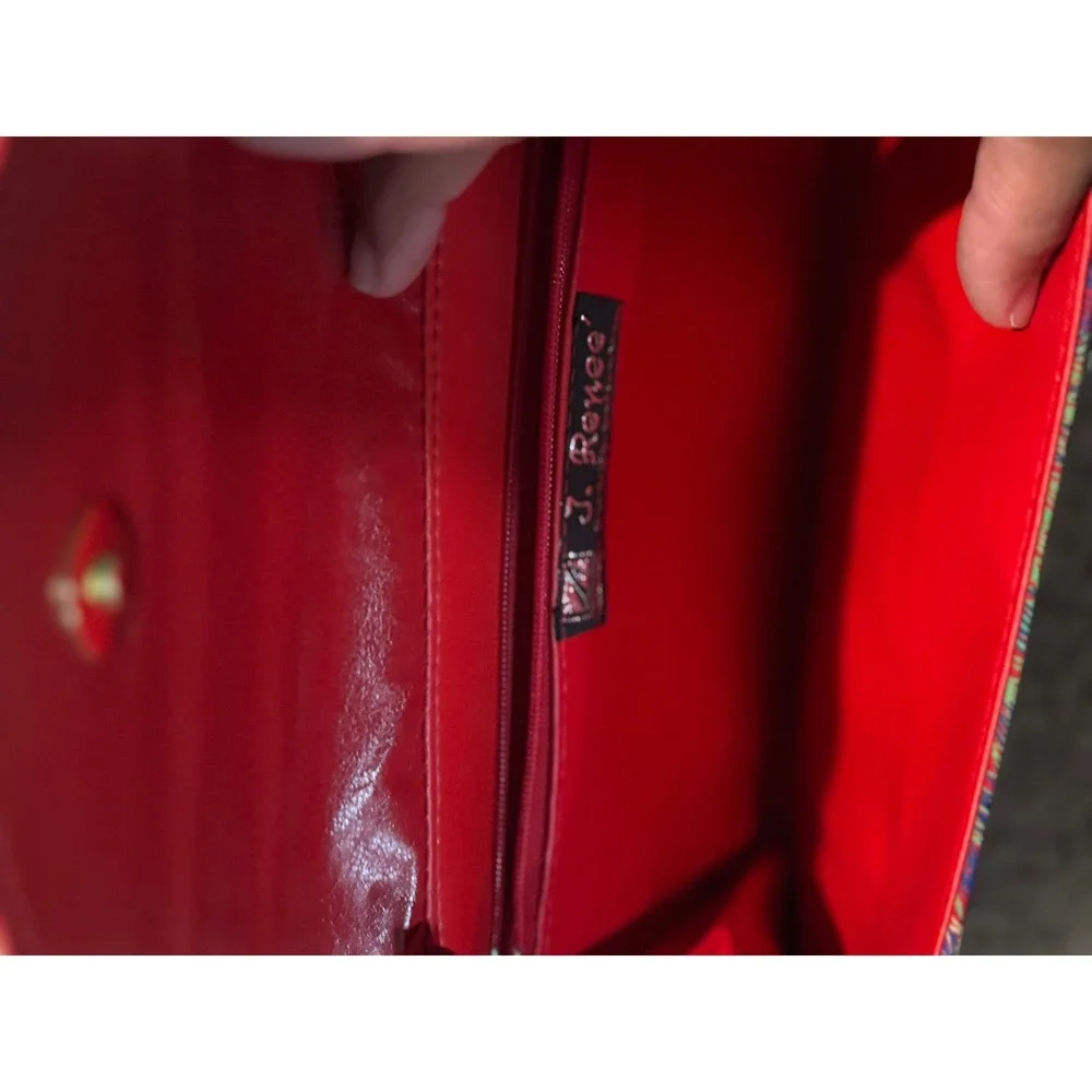J Renee Clutch Handbag Vibrant Leaf Print Red Lined Evening Bag
